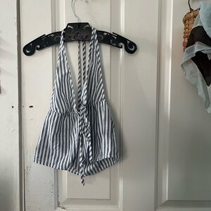 Striped Halter front tie low back top  in Blue and White